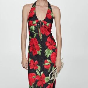 Mango Black Floral Halter Maxi Dress
